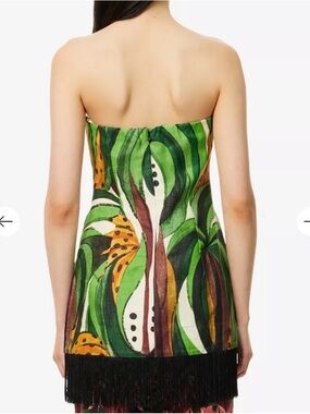 FARM Rio Green Multi Tropical Strapless Fringe Mini Dress